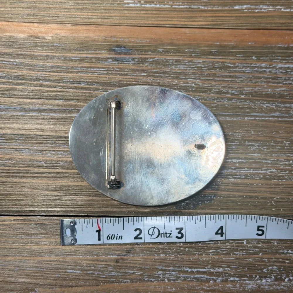 Vintage Western End of the Trail Belt Buckle Turquoise Coral Inlay Oval Silver